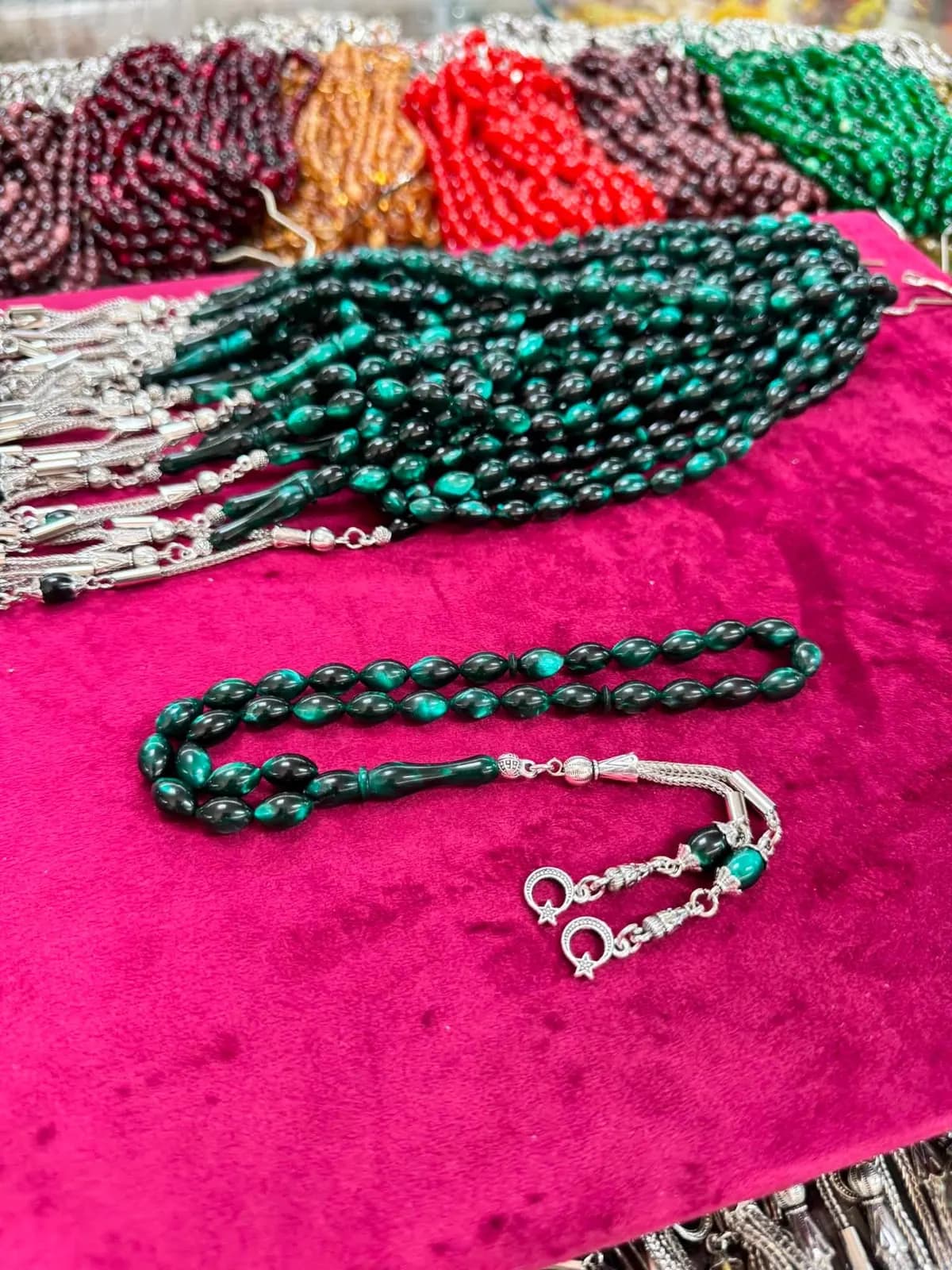 Tasselled Fire-Pressed Amber Prayer Beads — Dark Green No.02