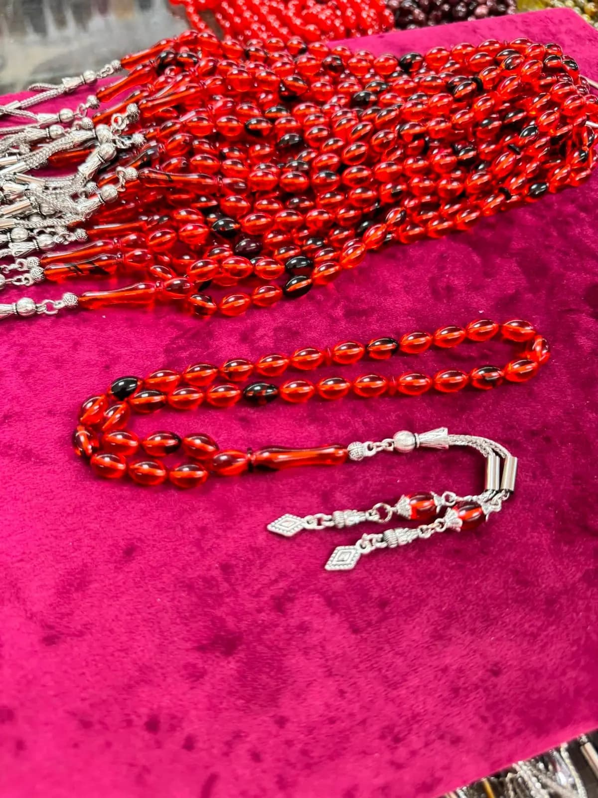 Tasselled Fire-Pressed Amber Prayer Beads — Red No.09