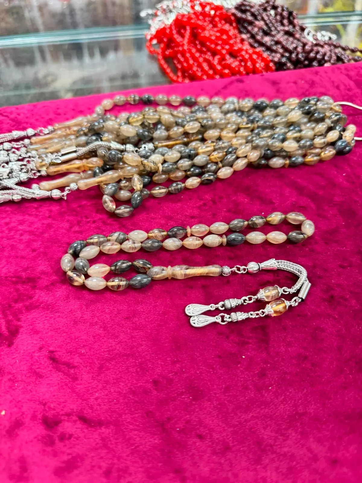 Tasselled Fire-Pressed Amber Prayer Beads — Tobacco No.21