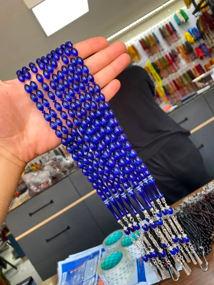 Püsküllü Toz Kehribar Tesbih — Mavi No.09