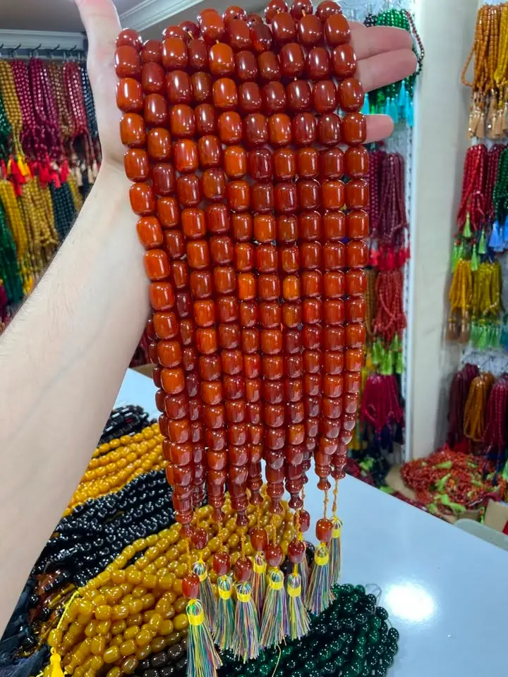 İp Püsküllü Çubuk Sıkma Kehribar Tesbih — Kiremit Kızılı No.13