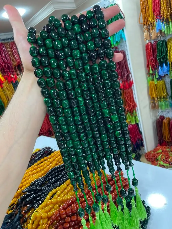 İp Püsküllü Çubuk Sıkma Kehribar Tesbih — Koyu Yeşil No.14